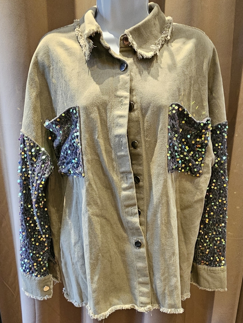 CHICME Sequin Patchwork Oversized Denim Shacket